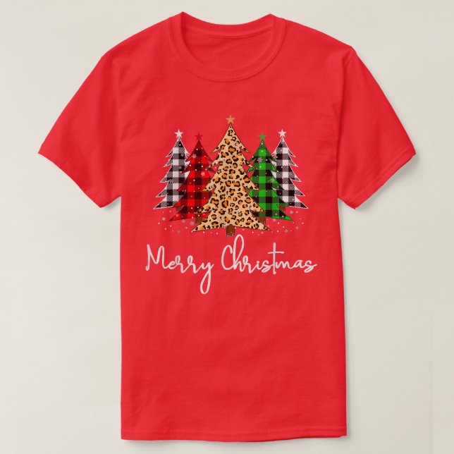 Merry Christmas Trees With Buffalo Plaid Leopard P T-Shirt (Design Front)