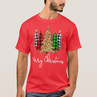 Merry Christmas Trees With Buffalo Plaid Leopard P T-Shirt
