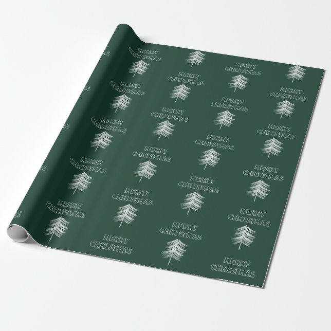 Merry Christmas Trees Wrapping Paper Green & White (Unrolled)