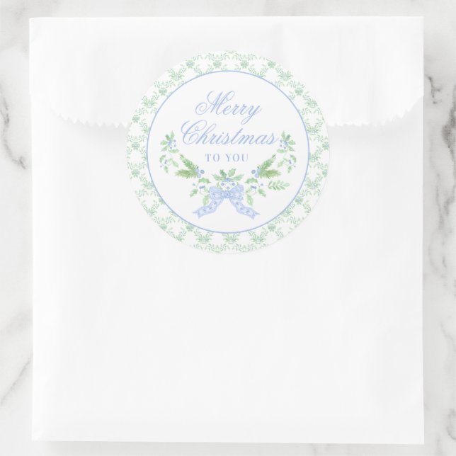 Merry Christmas Trellis and Swag with Blue Bow Classic Round Sticker (Bag)