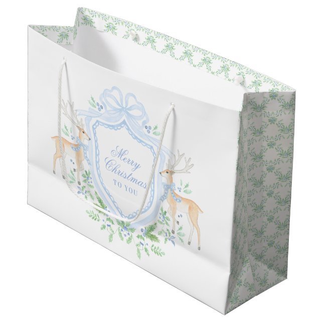 Merry Christmas Trellis and Swag with Blue Bow Large Gift Bag (Front Angled)