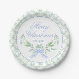 Merry Christmas Trellis and Swag with Blue Bow Paper Plate