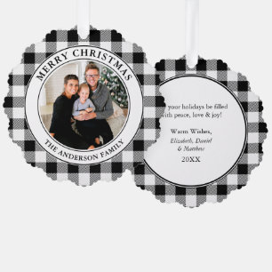 Merry Christmas Trendy Black White Plaid Tree Decoration Card
