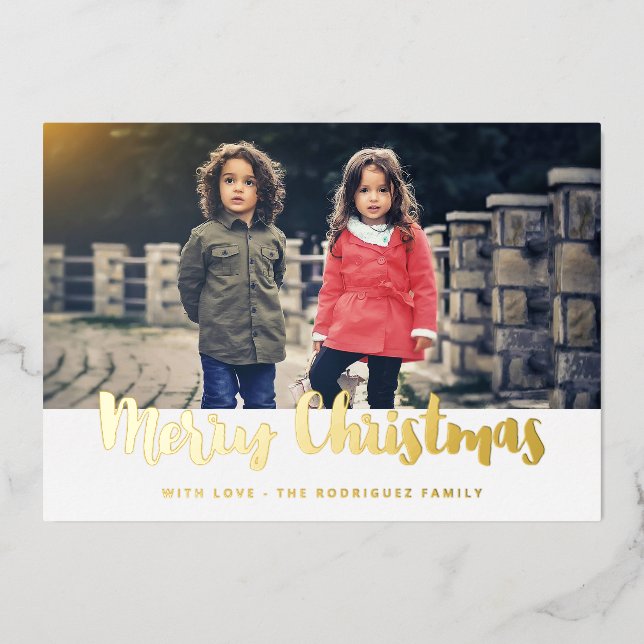 Merry Christmas trendy family photo Foil Holiday Card (Front)