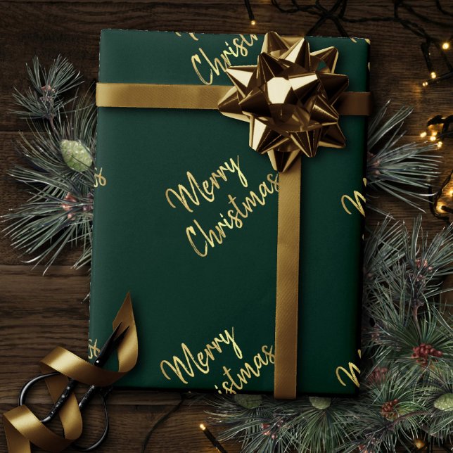 Merry Christmas | Trendy Green and Gold Modern Wrapping Paper (Creator Uploaded)