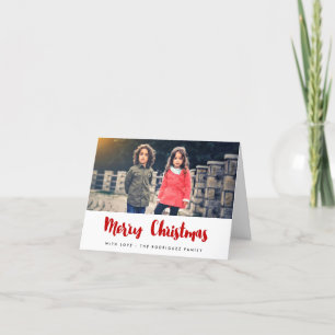 Merry Christmas trendy red font family photo Holiday Card