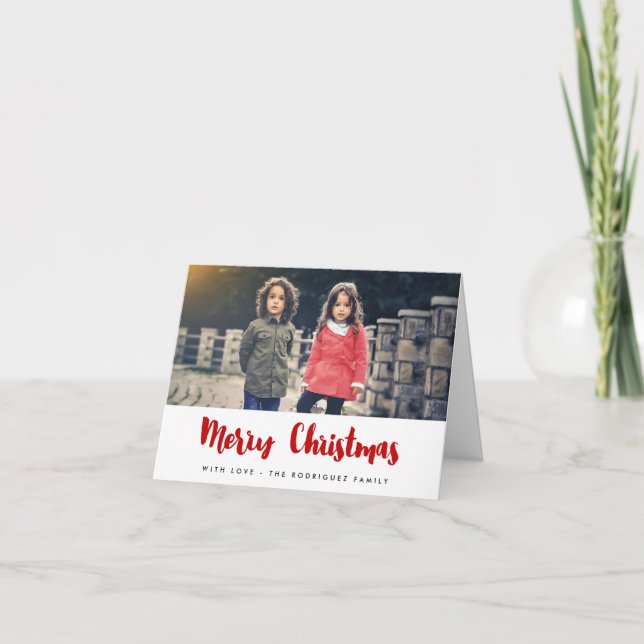 Merry Christmas trendy red font family photo Holiday Card (Front)