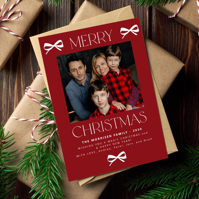 Merry Christmas trendy red white bow family photo Holiday Card (Creator Uploaded)