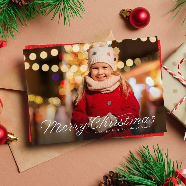 Merry Christmas trendy ribbon script one photo  Holiday Card (Creator Uploaded)