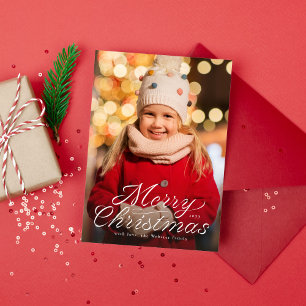 Merry Christmas trendy ribbon script one photo  Holiday Card