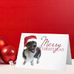 Merry Christmas Tricolor Corgi Santa Photo Holiday Card<br><div class="desc">A beautiful holiday photograph for dog lovers,  featuring an adorable pembroke welsh corgi wearing a red santa hat. Merry Christmas is written in red next to the cute picture.</div>