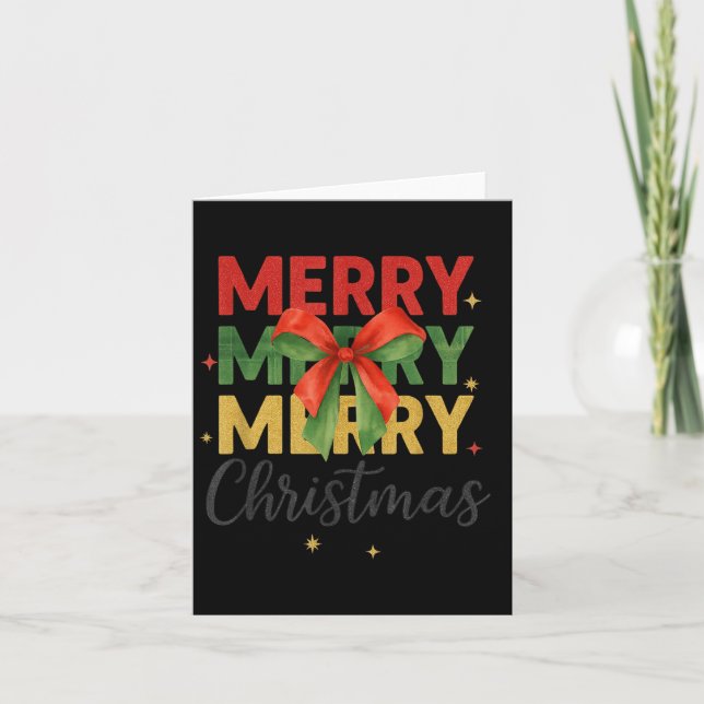 Merry Christmas Triple Merry Bow Tygraphy Red Gree Card (Front)