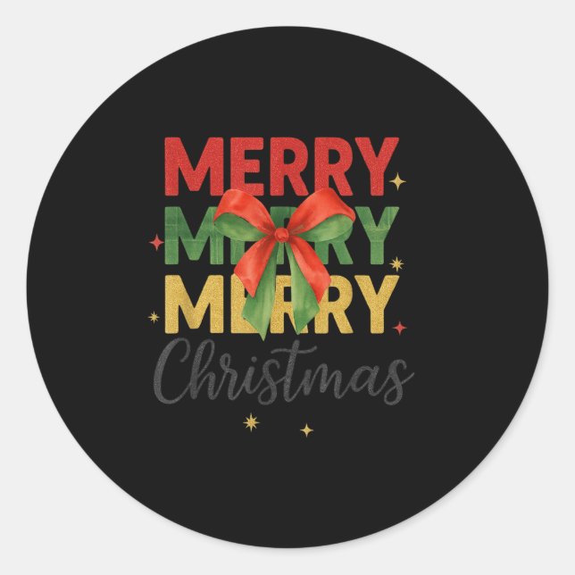 Merry Christmas Triple Merry Bow Tygraphy Red Gree Classic Round Sticker (Front)