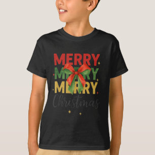 Merry Christmas Triple Merry Bow Tygraphy Red Gree T-Shirt