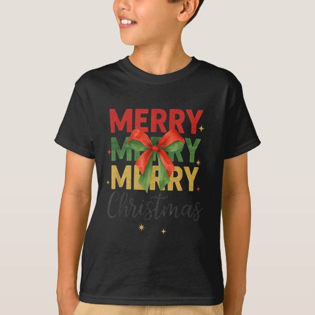 Merry Christmas Triple Merry Bow Tygraphy Red Gree T-Shirt (Front)