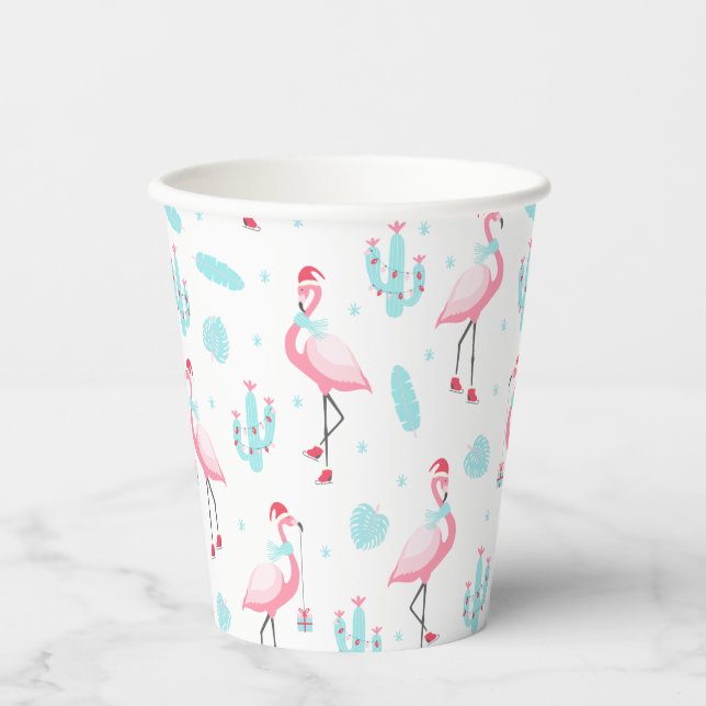 Merry Christmas Tropical Beach Flamingo Paper Cups (Front)