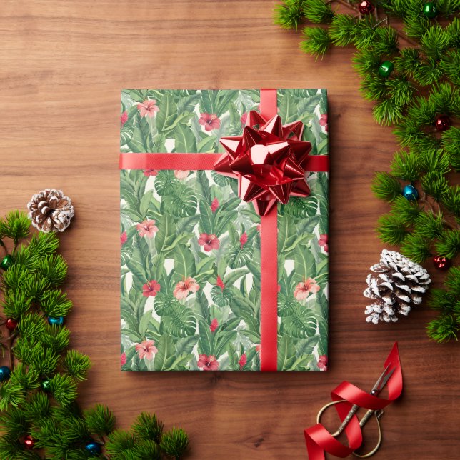 Merry Christmas Tropical Flower Leaf Green Red Wrapping Paper (Holiday Gift)