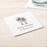 Merry Christmas Tropical Palm Trees Beach  Square Paper Coaster<br><div class="desc">Merry Christmas beach holiday paper coaster,  with a botanical palm trees and string lights illustration. With customisable typography lettering,  you add your own information. A tropical addition to your holiday home and entertaining.</div>