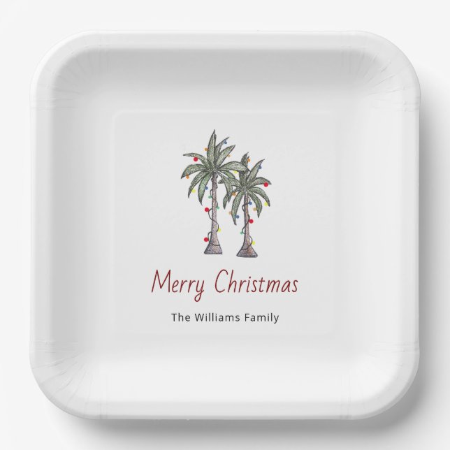 Merry Christmas Tropical Palm Trees Holiday  Paper Plate (Front)
