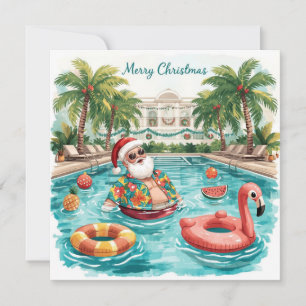 Merry Christmas Tropical Santa Summer Pool Party Holiday Card