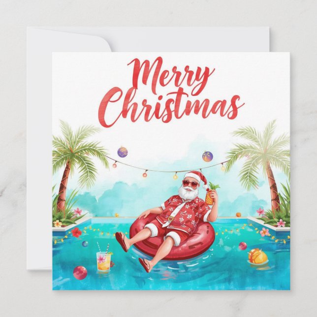 Merry Christmas Tropical Santa Summer Pool Party Holiday Card (Front)