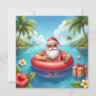 Merry Christmas Tropical Santa Summer Pool Party Holiday Card