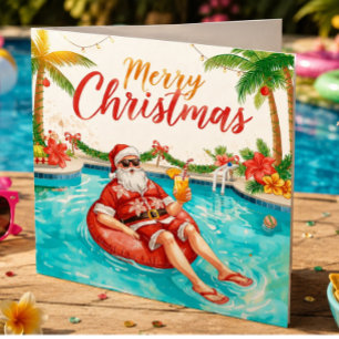 Merry Christmas Tropical Santa Summer Pool Party Holiday Card