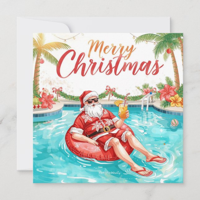 Merry Christmas Tropical Santa Summer Pool Party Holiday Card (Front)