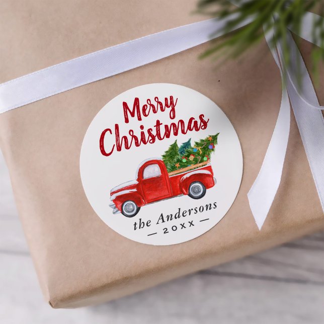 Merry Christmas Truck and Christmas Trees Holiday Classic Round Sticker (Sample)
