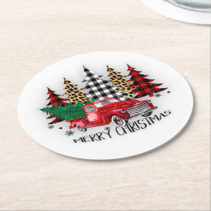 Merry Christmas truck and trees Round Paper Coaster