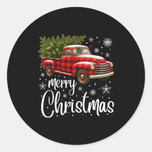 Merry Christmas Truck Buffalo Plaid Xmas Tree Men  Classic Round Sticker