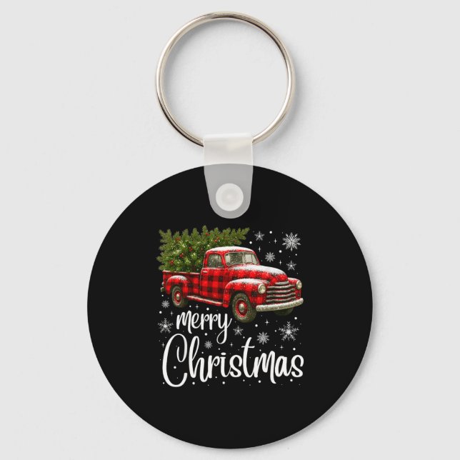 Merry Christmas Truck Buffalo Plaid Xmas Tree Men  Key Ring (Front)