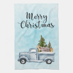 Merry Christmas Truck Carrying Trees & Animals Tea Towel