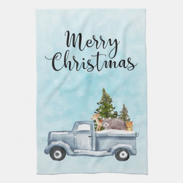 Merry  Christmas Truck Carrying Trees & Animals Tea Towel (Vertical)