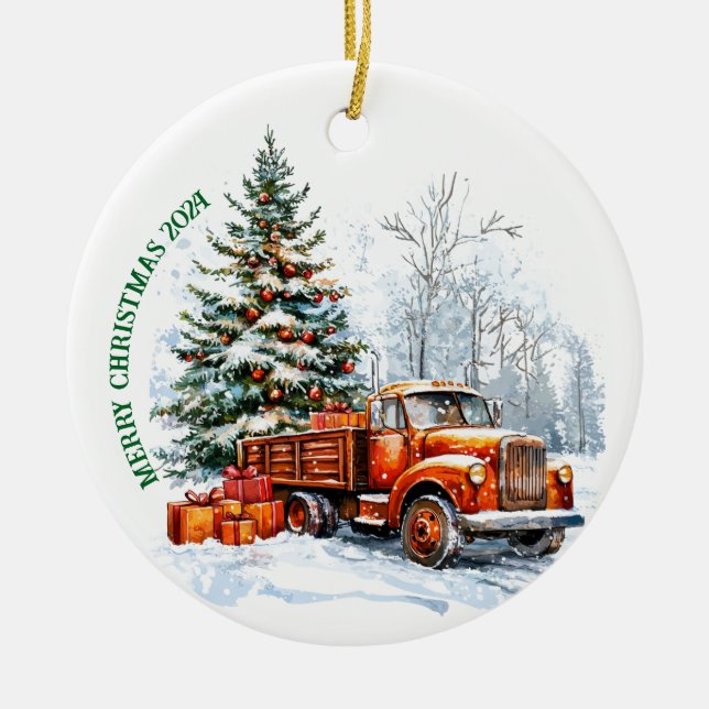 Merry Christmas truck Ceramic Tree Decoration (Front)