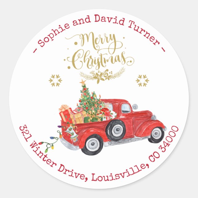 Merry Christmas Truck Circular Return Address Classic Round Sticker (Front)