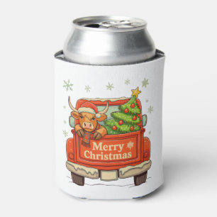 Merry Christmas Truck Highland Cow Tree Cosy Xmas Can Cooler