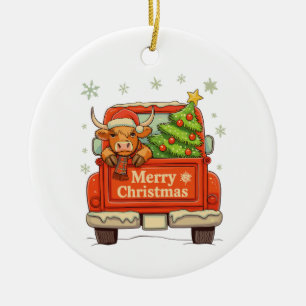 Merry Christmas Truck Highland Cow Tree Cosy Xmas Ceramic Tree Decoration