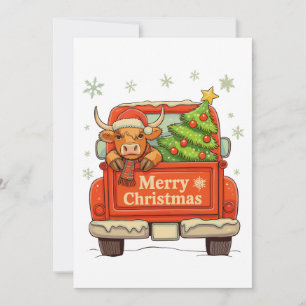 Merry Christmas Truck Highland Cow Tree Cosy Xmas Holiday Card