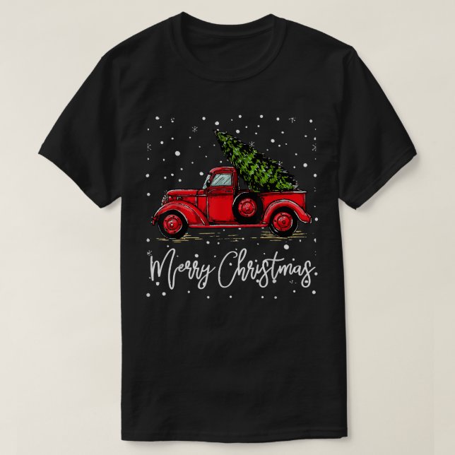 Merry Christmas Truck Red With Tree Funny Xmas Paj T-Shirt (Design Front)