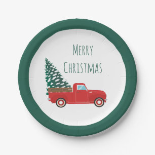 Merry Christmas Truck With Christmas Tree Red Paper Plate