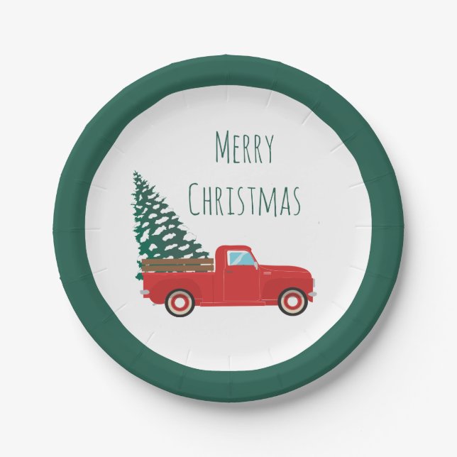 Merry Christmas Truck With Christmas Tree Red Paper Plate (Front)