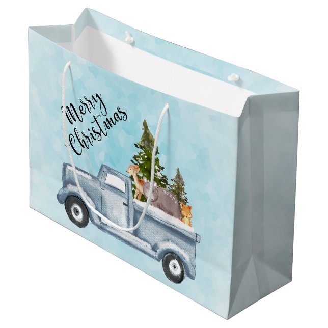 Merry Christmas Truck with Cute Animals Large Gift Bag (Front Angled)