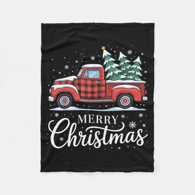 Merry Christmas Truck Xmas Red Plaid Family Christ Fleece Blanket (Front)