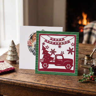 Merry Christmas Truck Xmas Tree Faux Papercut  Holiday Card