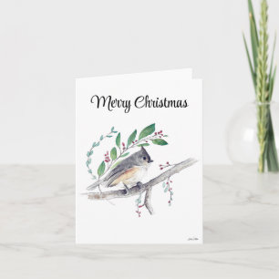 Merry Christmas Tufted Titmouse Bird Holiday Card