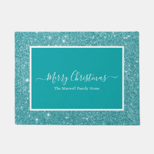 Merry Christmas turquoise glitter family name Doormat