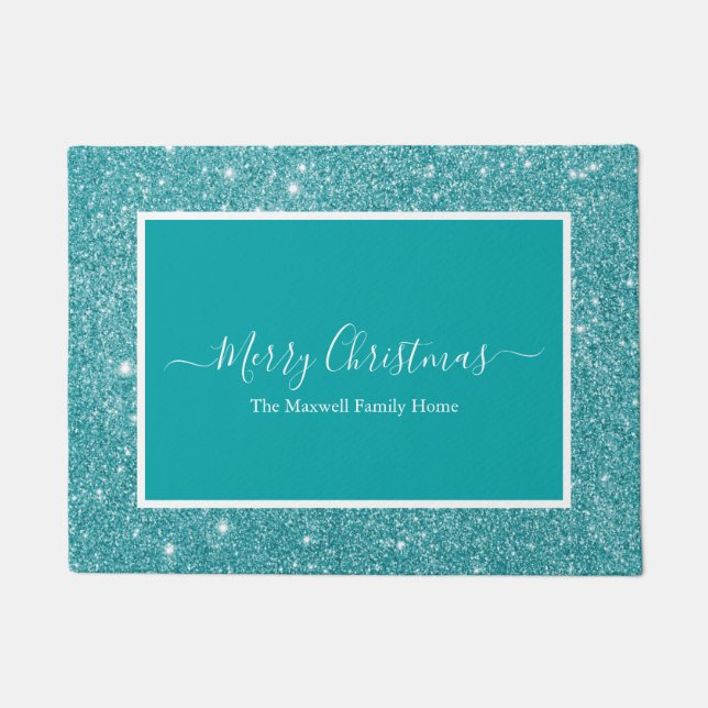 Merry Christmas turquoise glitter family name   Doormat (Front)