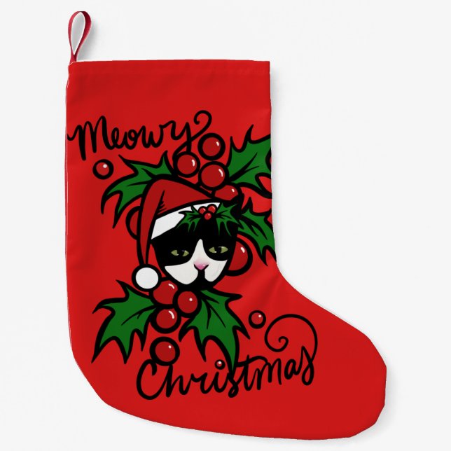 Merry Christmas Tuxedo Cat Small Christmas Stocking (Front)
