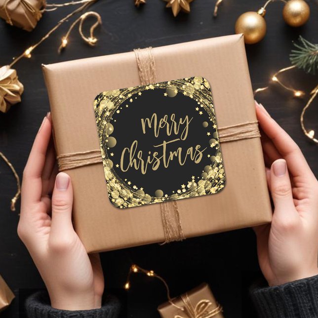 Merry Christmas Twinkling Gold Stars Square Sticker (Merry Christmas twinkling gold stars square stickers)